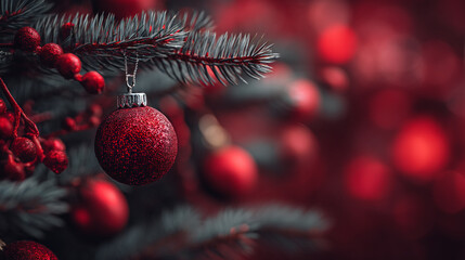 Red Glitter Christmas Bauble on a Pine Branch with Berries