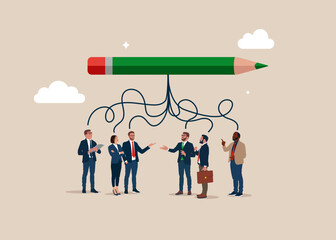 Business people think about pencil. Multitasking, business concept. Symbol of strategy, mission, success, thinking. Flat vector illustration