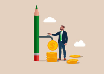 Businessman with green pencil and opening water tap. Dollar coins out of the tap. Multitasking, business concept. Symbol of strategy, mission, success, thinking. Flat vector illustration