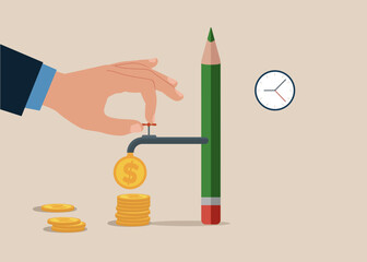 Hand with green pencil and opening water tap. Dollar coins out of the tap. Multitasking, business concept. Symbol of strategy, mission, success, thinking. Flat vector illustration