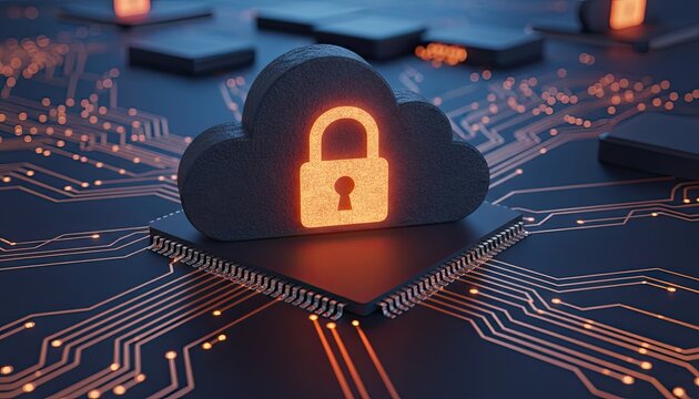 Secure Digital Fortress: A striking visual representation of digital security and cloud protection. A cloud-shaped icon, illuminated by a glowing padlock, rests atop a microchip. - Powered by Adobe