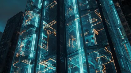 Futuristic glass skyscraper with neon lights and holograms