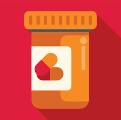 Orange medicine bottle with drug pills on label against a red background
