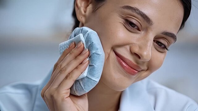 Woman Applying Ice Pack to Face for Skin Care and Relief.