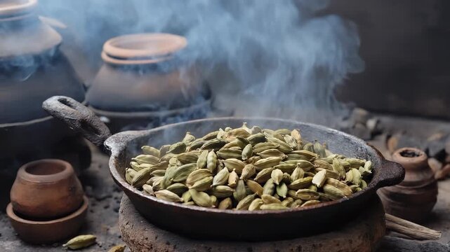 Cardamom pods rest in a cast-iron pan above a heating source as they tremble from the warmth. Clay pots simmer in the background, with smoke rising steadily into the air