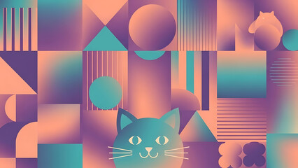 A colorful abstract illustration of a cat's face surrounded by geometric shapes and vibrant hues