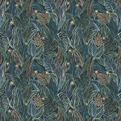 A seamless tropical pattern with a variety of tropical leaves. The foliage includes banana and monstera leaves. Botanical wallpaper.