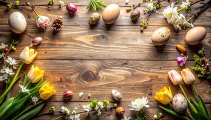 ラスティックな木製テーブルを俯瞰で捉えたフラットレイ構図。
フレーム周囲に初春の季節素材を配置し、中央は空白。
全体は温かみのある自然な色調と柔らかな光。