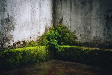 Damp concrete wall corner featuring green moss growing in the cracks. Nature reclaiming architecture concept with wet texture.