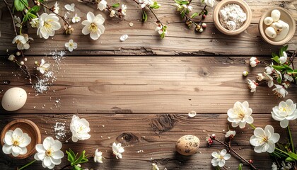 ラスティックな木製テーブルを俯瞰で捉えたフラットレイ構図。
フレーム周囲に初春の季節素材を配置し、中央は空白。
全体は温かみのある自然な色調と柔らかな光。