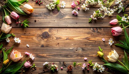 ラスティックな木製テーブルを俯瞰で捉えたフラットレイ構図。
フレーム周囲に初春の季節素材を配置し、中央は空白。
全体は温かみのある自然な色調と柔らかな光。