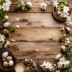 ラスティックな木製テーブルを俯瞰で捉えたフラットレイ構図。
フレーム周囲に初春の季節素材を配置し、中央は空白。
全体は温かみのある自然な色調と柔らかな光。