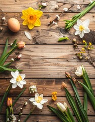 ラスティックな木製テーブルを俯瞰で捉えたフラットレイ構図。
フレーム周囲に初春の季節素材を配置し、中央は空白。
全体は温かみのある自然な色調と柔らかな光。