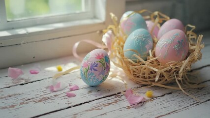 Pastel-colored Easter eggs with floral designs are arranged in a woven basket. The basket sits on a wooden table surrounded by soft decorations for spring. Flower petals add detail to the setting