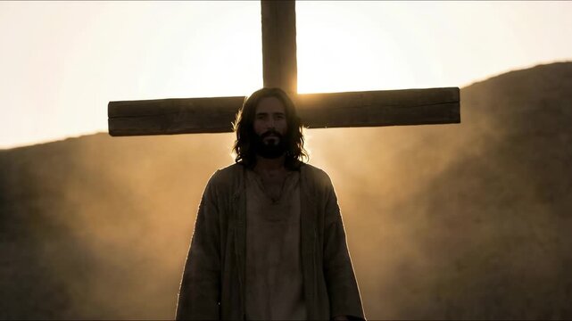 Jesus Christ Portrait Back Lit Against Cross on sunset