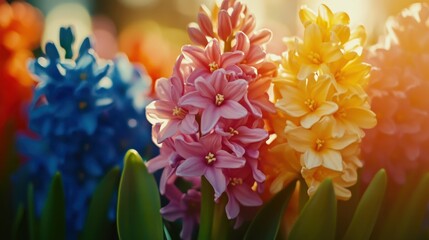 Colorful hyacinths in full bloom illuminated by golden sunlight displaying vibrancy