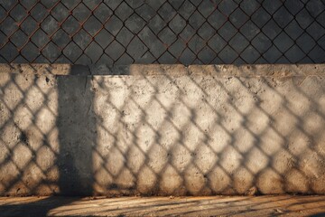 Grunge concrete wall texture featuring the geometric shadow of a chain-link security fence. Industrial urban style background with high contrast.