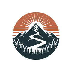 Mountain sunset with winding path and forest