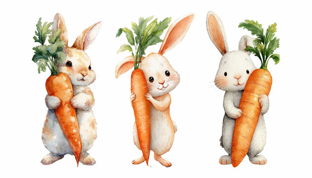 Adorable bunny collection featuring watercolor rabbits with carrots. Perfect Easter clipart set for spring designs, baby shower invitations, and kids' artwork.