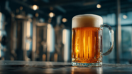 Craft beer in a glass with foam and condensation at a brewery