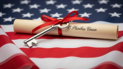 Scroll with E Pluribus Unum motto and silver key on American flag. Patriotic concept for 250th anniversary of United States, Semiquincentennial 1776-2026 independence celebration.