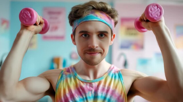A young man with short brown hair and a headband lifts small dumbbells in a pastel gym. The gym features colorful walls and motivational posters throughout the space - Powered by Adobe