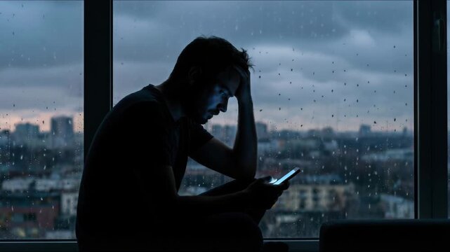 Sad man scrolls through his phone. He sits by the window. It is raining outside.
