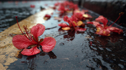 Fleurs de gulmohar tombées sur une route mouillée par la pluie