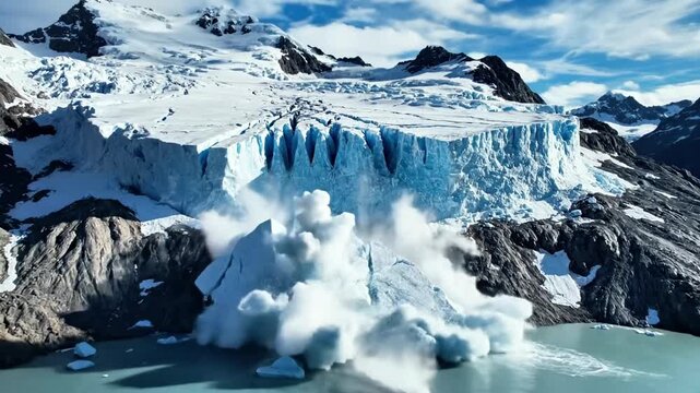 A breathtaking landscape of a glacier calving with a massive chunk of ice breaking off into the water below, surrounded by rugged mountains and a cloudy sky