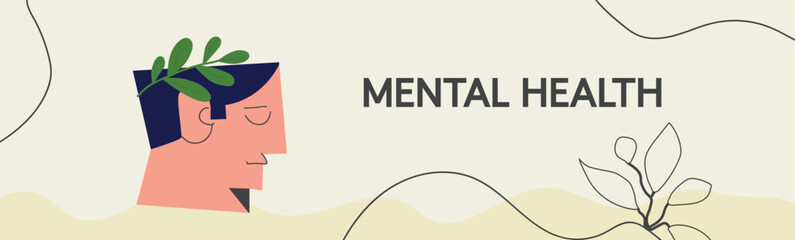 Mental health web banner. A minimalist flat vector illustration symbolizing mental health, mindfulness, and emotional balance.