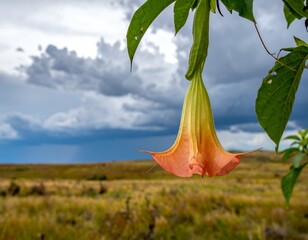 Hanging trumpet flower against dramatic cloudy sky with field background