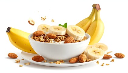 Healthy breakfast bowl with bananas almonds and granola on a white background