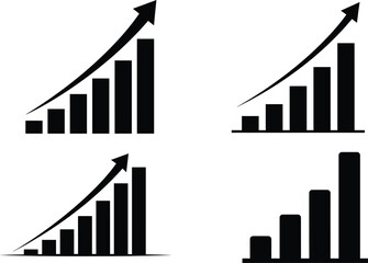 Collection of four black bar graphs with upward trending arrows on white background