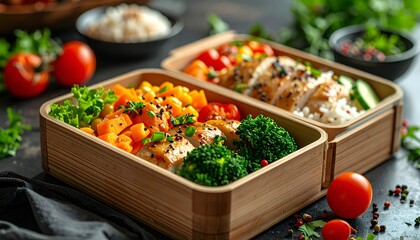 Healthy bento boxes featuring chicken rice and colorful vegetables close up
