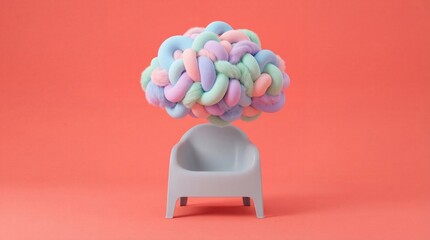 Abstract pastel brain sculpture on a minimalist chair, symbolizing creativity, ideas, and mental health concepts