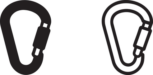 Climbing carabiner silhouette two icons set for mountaineering, safety, outdoor adventure.
