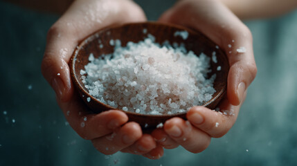 Hands Holding a Wooden Bowl of Coarse Salt
