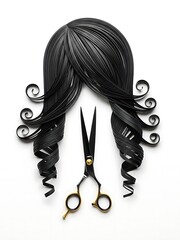 Creative paper art of black hair and scissors on a white background
