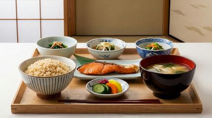 健康的な和食膳：焼き鮭、玄米ご飯、味噌汁、小鉢