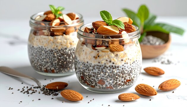 Healthy oatmeal parfaits with almonds and chia seeds for breakfast