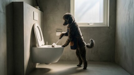 dog cleaning toilet concept dog cleaning bathroom dog cleaning funny scene, anthropomorphic animal photography, creative home hygiene visual
