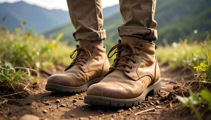 Hiking boots on a trail with a blurred natural background