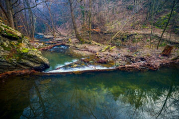 Landscape of the Almaj Valley in Romania, with the watermills of Rudăria and the mountain river.