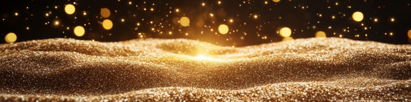 Golden Sandscape with Shimmering Bokeh Glitters, Festive Abstract Background for Holiday Concepts