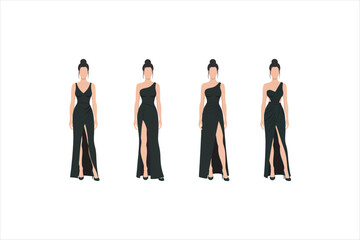 Elegant women in black evening gowns collection, minimalist fashion illustration, faceless female models, long dress silhouettes, luxury, party, formal wear concept. Vector illustration.