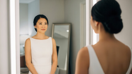 Bride looking in a mirror with thoughtful expression in modern bridal room, self-reflection and wedding preparation