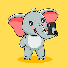 Fototapeta premium Cute Elephant Selfie Vector Illustration Cartoon Design Kawaii