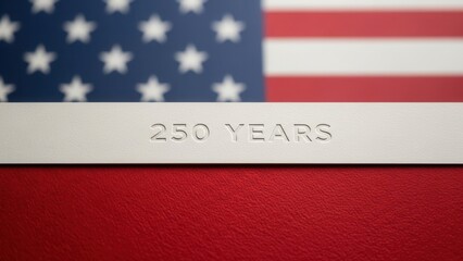 250 years text embossed on white paper over American flag background. USA 250th anniversary celebration, semiquincentennial commemorative design, patriotic United States birthday concept.