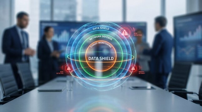 Business team discussing cybersecurity with data shield concept - Powered by Adobe