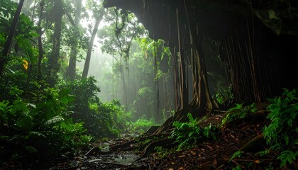 Lush forest scene dense green foliage and sunlight streaming through trees